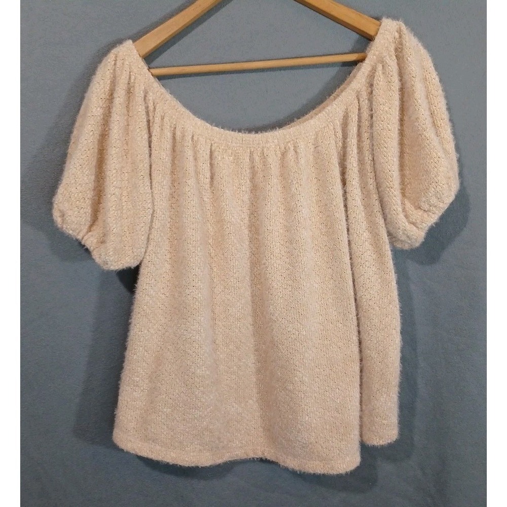 Sweater Womens Small Pink Off Shoulder Knit Top‎ Blush Puffy Sleeve Cottagecore